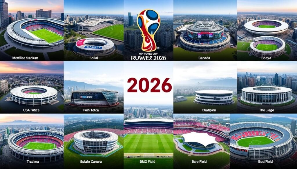 Collage of the 16 stadiums hosting matches during the 2026 World Cup