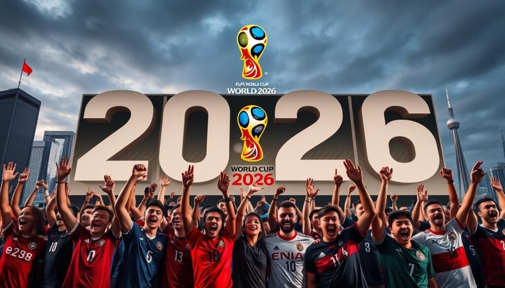 Countdown clock to the 2026 World Cup kickoff with fans from around the world celebrating