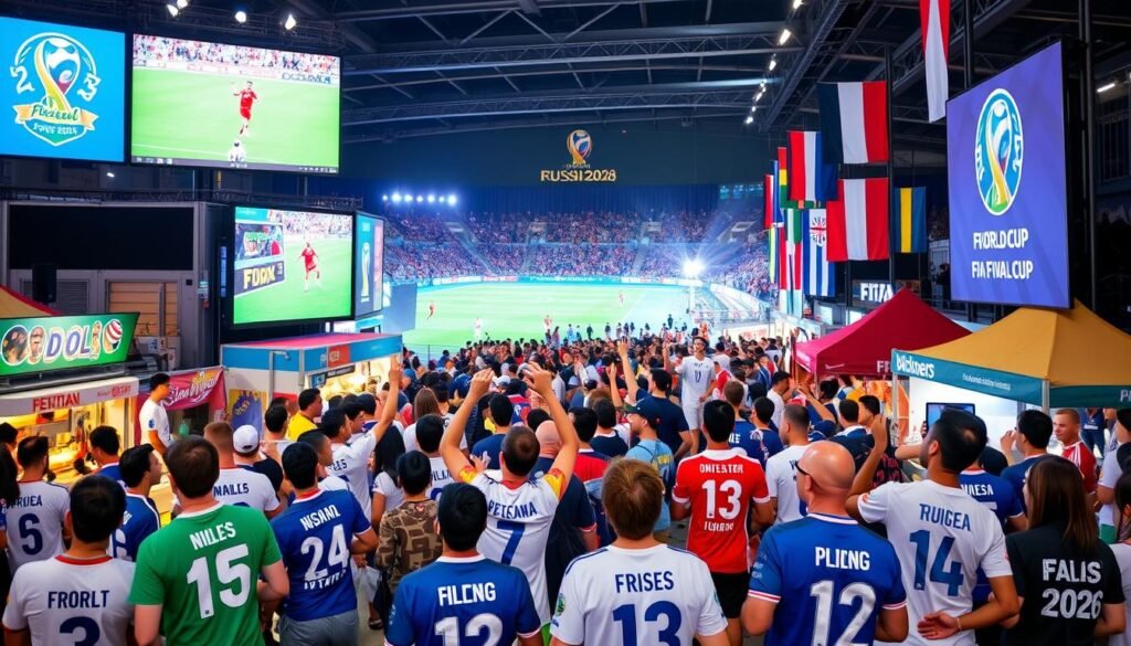 Diverse group of excited football fans at a FIFA Fan Festival with big screens showing World Cup matches