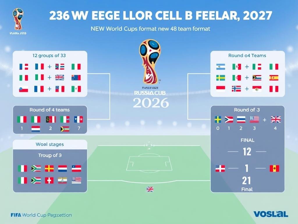 Graphic showing the new 48-team World Cup 2026 format with group structure and knockout stages