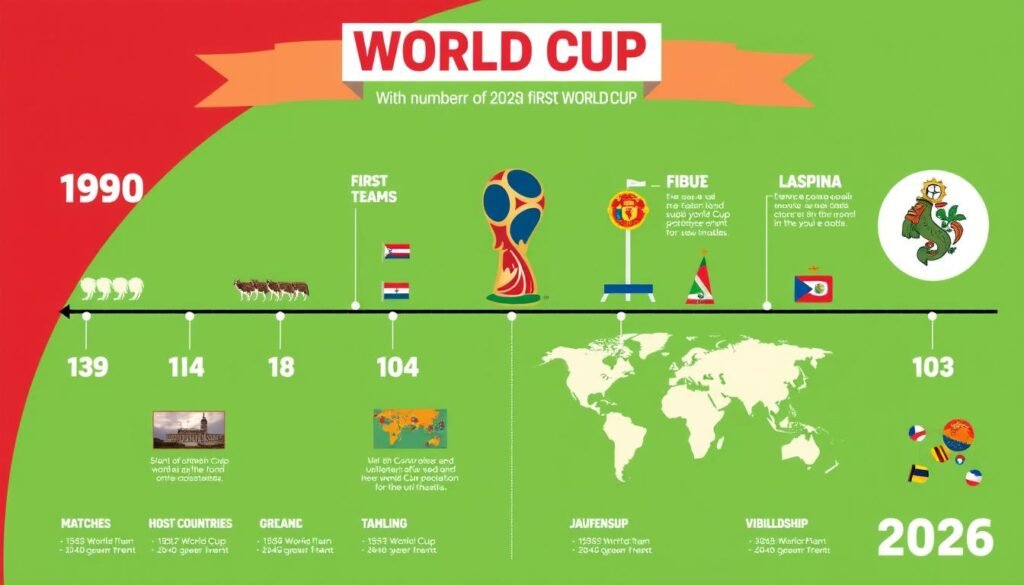 Historical comparison showing the evolution of the FIFA World Cup from its beginnings to the expanded 2026 format