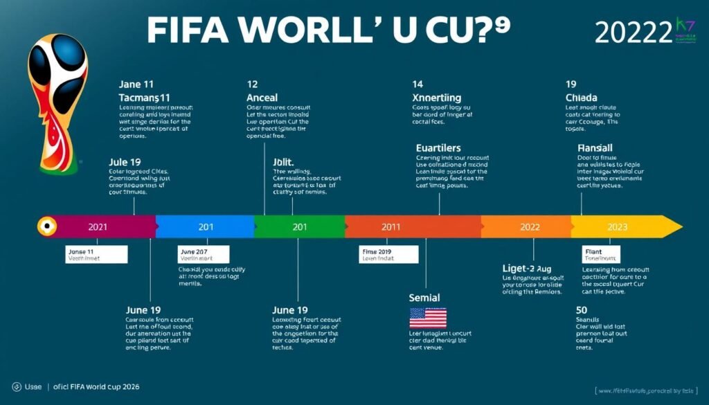 Timeline showing key dates and milestone matches for the 2026 World Cup tournament
