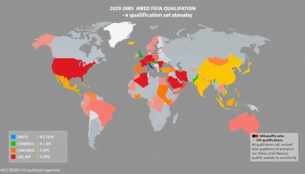 World map showing the FIFA confederation regions with their qualification slot allocations for World Cup 2026